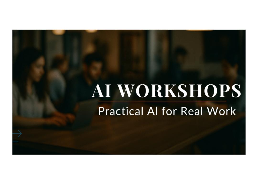 Logan Monday AI Workshops banner showing professionals collaborating on laptops in a modern coworking space. Text reads “AI Workshops — Practical AI for Real Work,” promoting AI literacy, structured prompting, and persona-based workflows in Chicago.