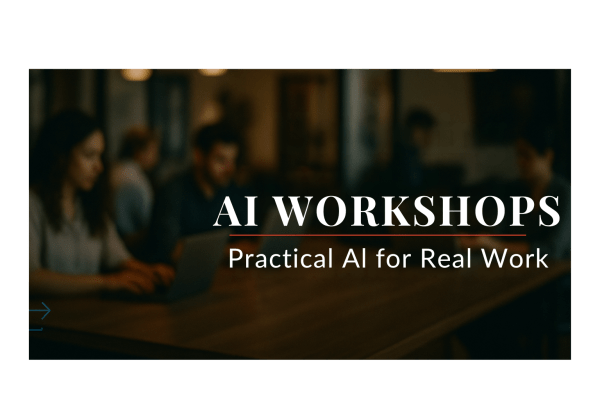 Logan Monday AI Workshops banner showing professionals collaborating on laptops in a modern coworking space. Text reads “AI Workshops — Practical AI for Real Work,” promoting AI literacy, structured prompting, and persona-based workflows in Chicago.
