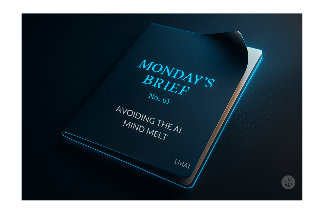 A sleek digital folder titled “Monday’s Brief No. 02: America's AI Action Plan” glows with cerulean blue light against a dark, futuristic background. The slightly lifted cover symbolizes insight, focus, and clarity in AI use.