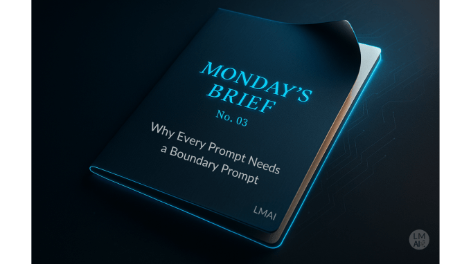 A sleek, modern, digital folder titled “Monday’s Brief No. 03: Why Every Prompt Needs a Boundary Prompt” glows with cerulean blue light against a dark, futuristic background representing LoganMondayAI’s weekly micro-series on practical AI. The slightly lifted cover symbolizes insight, focus, and clarity in AI use.