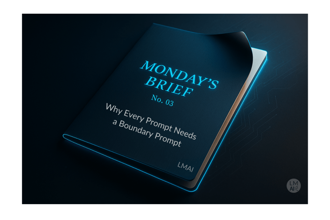 A sleek, modern, digital folder titled “Monday’s Brief No. 03: Why Every Prompt Needs a Boundary Prompt” glows with cerulean blue light against a dark, futuristic background representing LoganMondayAI’s weekly micro-series on practical AI. The slightly lifted cover symbolizes insight, focus, and clarity in AI use.