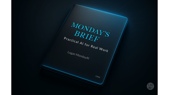 A sleek digital folder titled “Monday’s Brief: Practical AI for Real Work” rests on a dark gradient surface. The folder glows subtly along the edges in cerulean blue, symbolizing clarity and innovation in AI consulting.