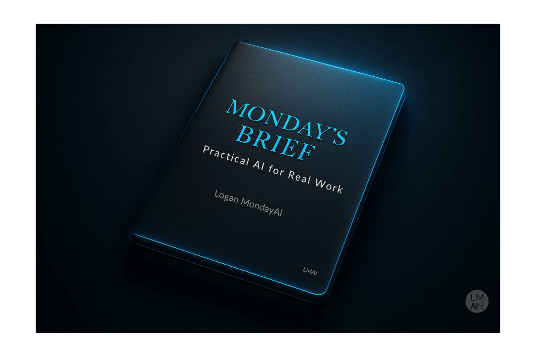 A sleek digital folder titled “Monday’s Brief: Practical AI for Real Work” rests on a dark gradient surface. The folder glows subtly along the edges in cerulean blue, symbolizing clarity and innovation in AI consulting.