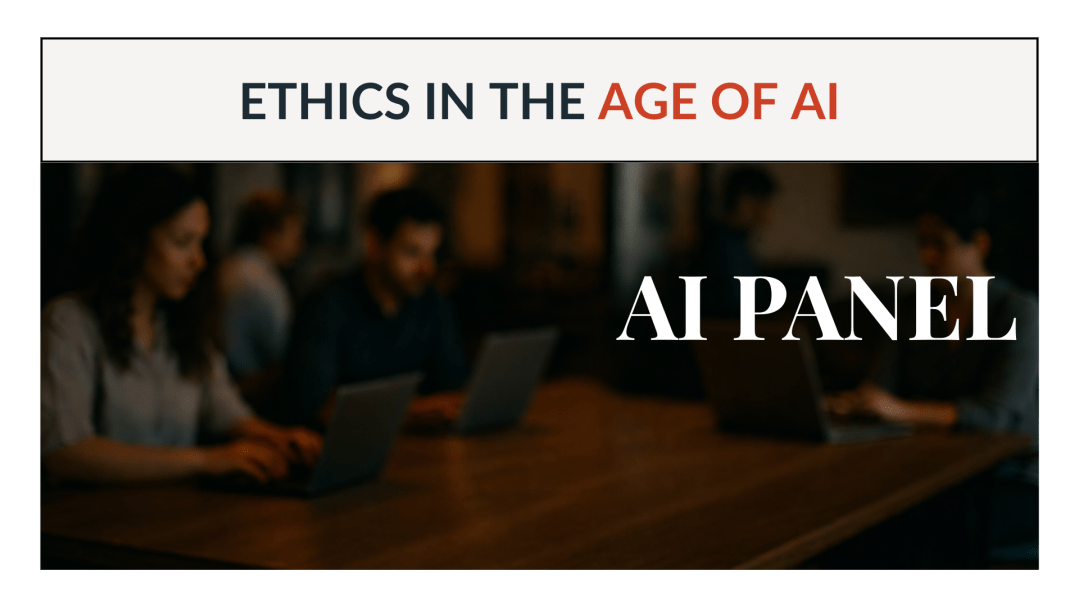 Professionals working on laptops in a collaborative workspace with overlay text reading ‘Ethics in the Age of AI – AI Panel,’ promoting Logan Monday’s AI panel in Chicago.
