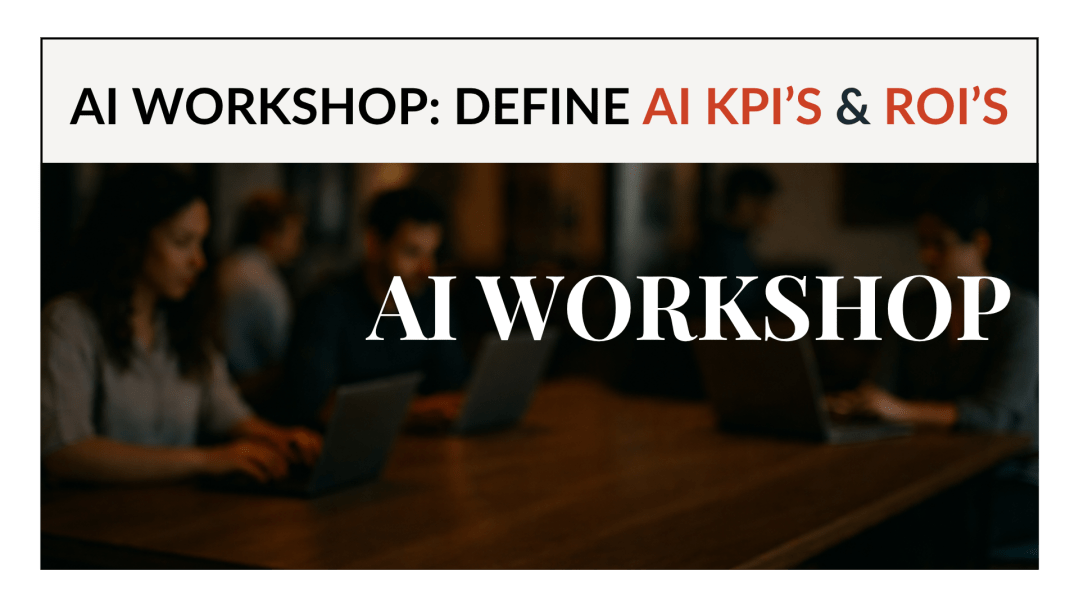 Live AI workshop banner showing professionals working on laptops, representing a session on defining AI KPIs and ROI for practical business use.