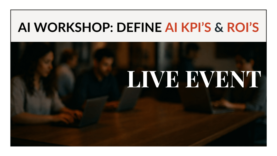 Live AI workshop banner showing professionals working on laptops, representing a session on defining AI KPIs and ROI for practical business use.