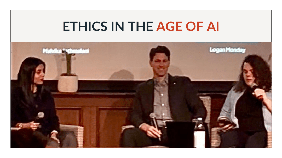 Logan Monday seated on stage with fellow panelists during the Ethics in the Age of AI panel at Soho House Chicago.
