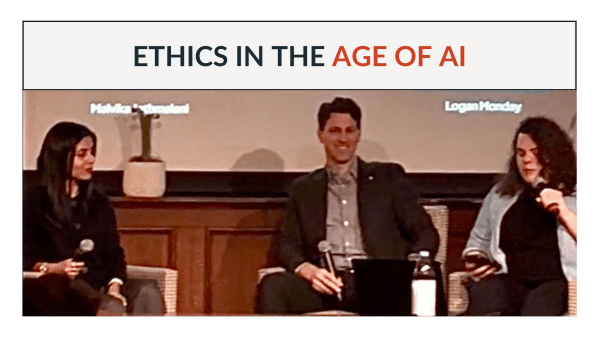 Logan Monday seated on stage with fellow panelists during the Ethics in the Age of AI panel at Soho House Chicago.